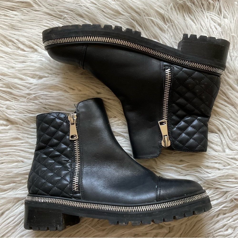 Steven Black Fancey Leather Moto Quilted Double Zipper Lug Sole Boots EUC Size 9